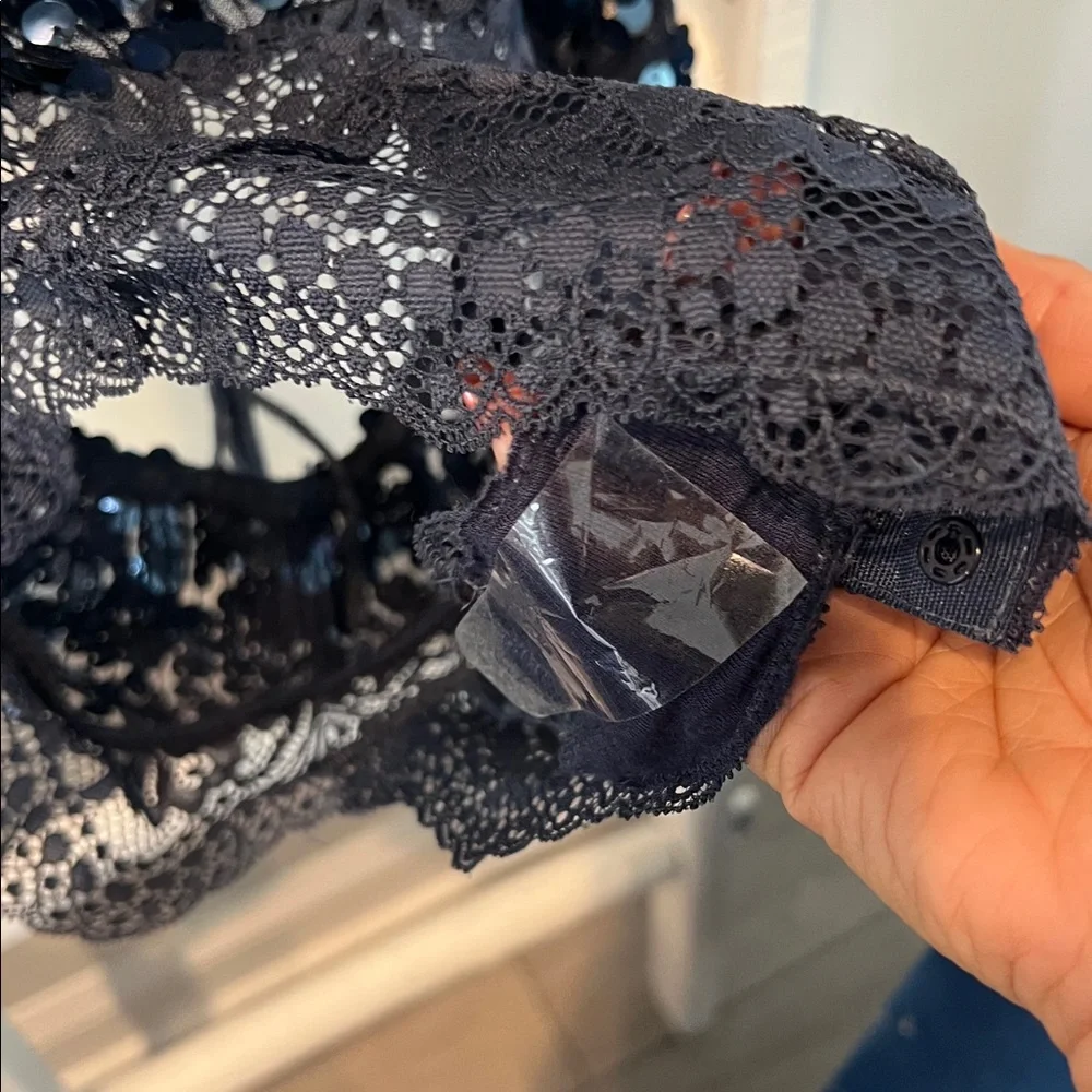 Free people Melrose sequin n lace nwt holiday backless midnight blue bodysuit M - Picture 5 of 14